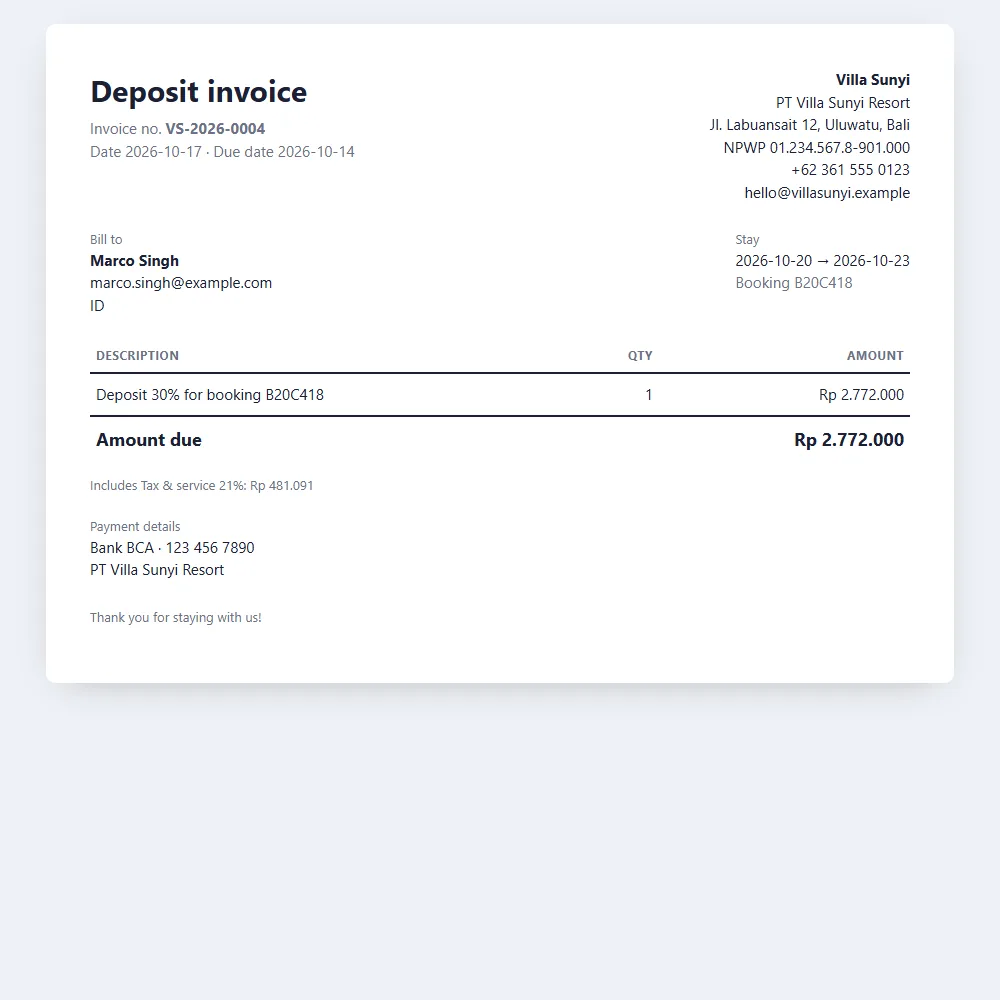 Professional invoices in seconds: 100%, or 30% deposit and 70% balance