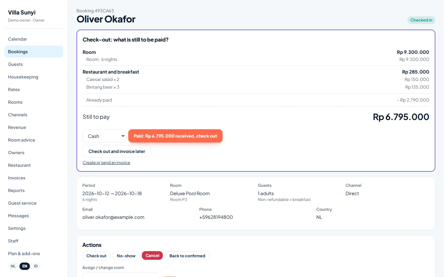 A check-out screen that shows exactly what is still to be paid